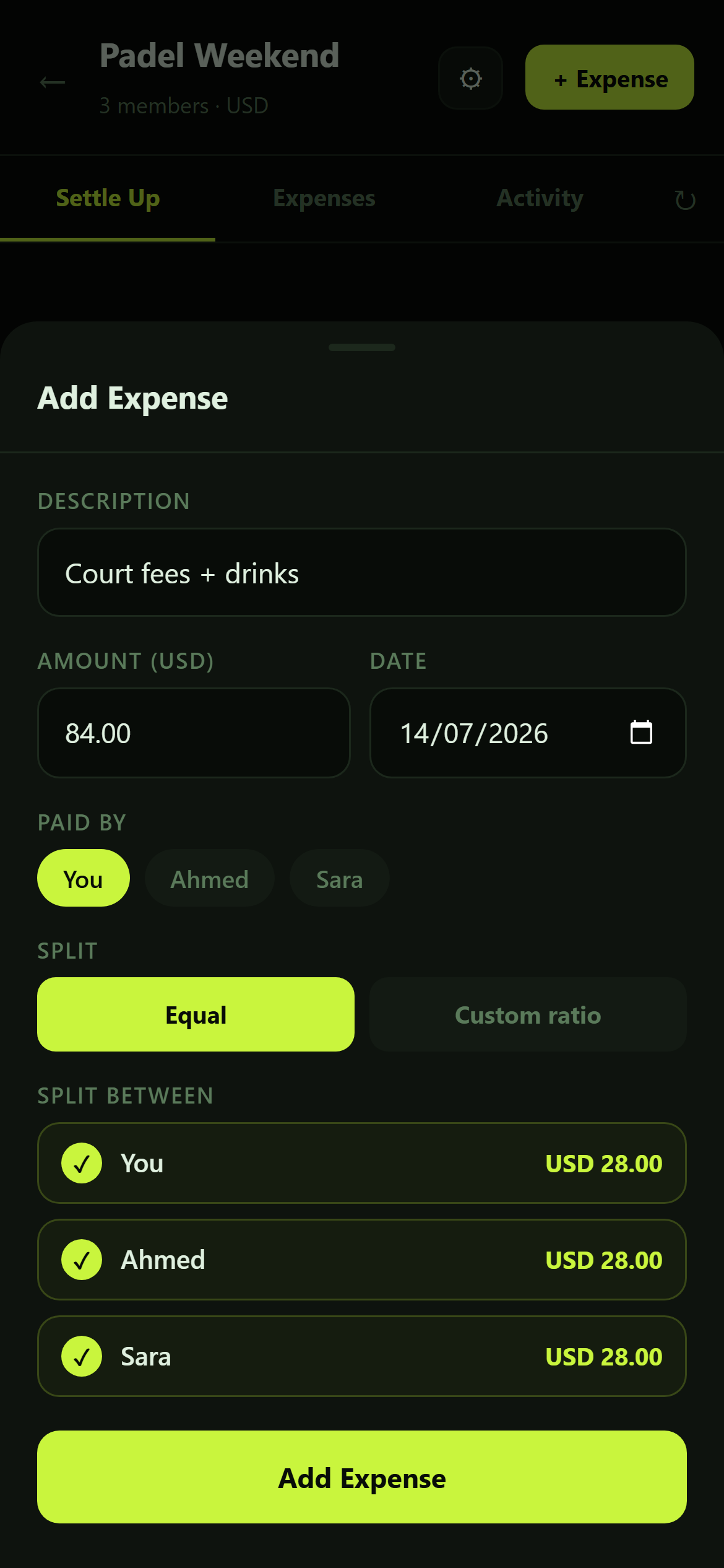 PlayTab Add Expense sheet showing Court fees + drinks, equal split between three people