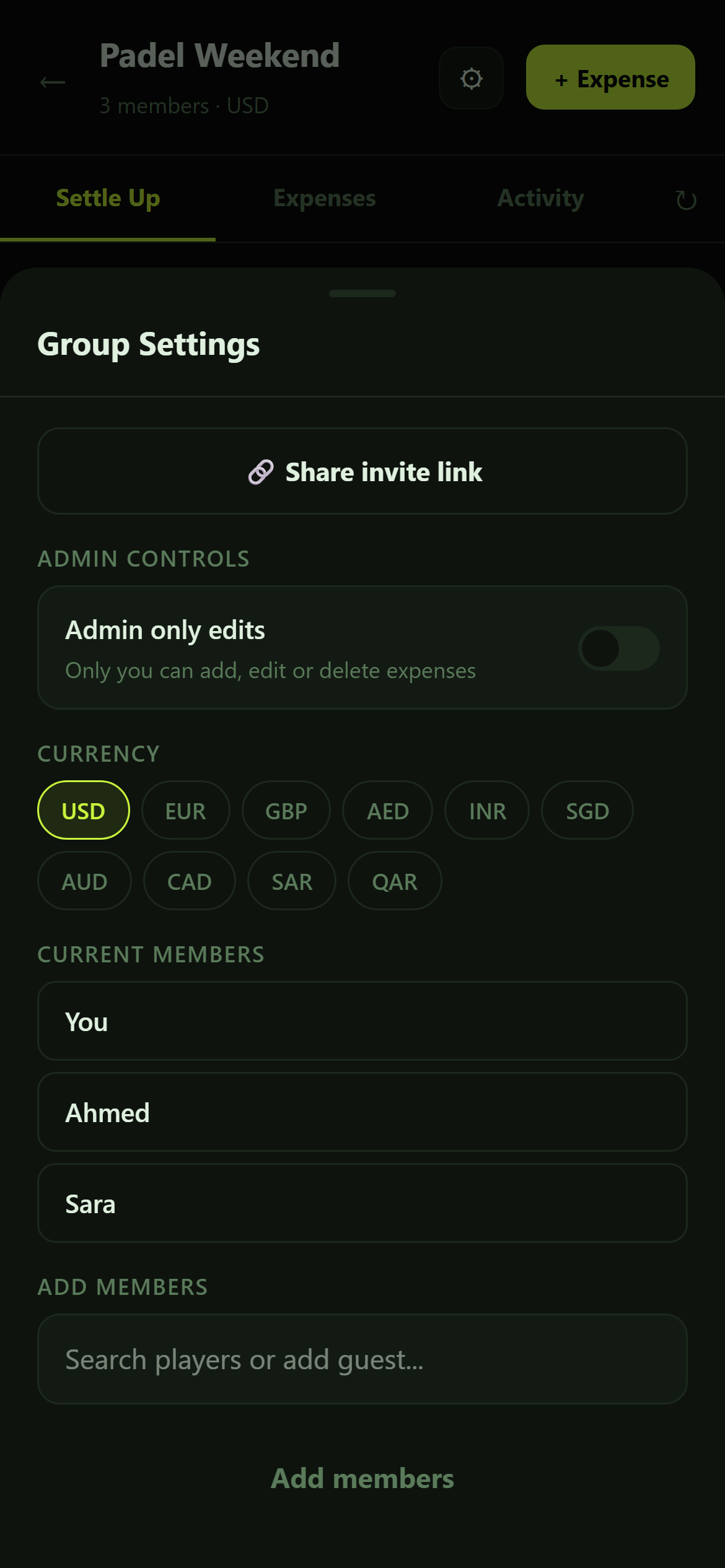 PlayTab Group Settings sheet showing the invite link, the Admin only edits toggle, currency, and current member