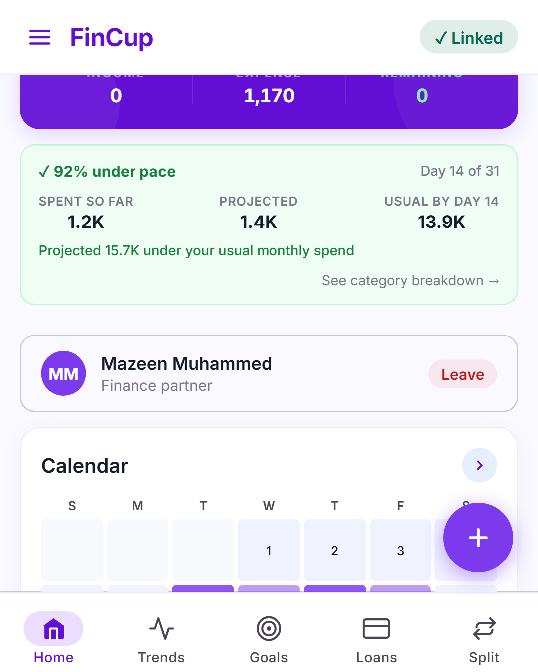 MyFinCup dashboard burn-rate pace card
