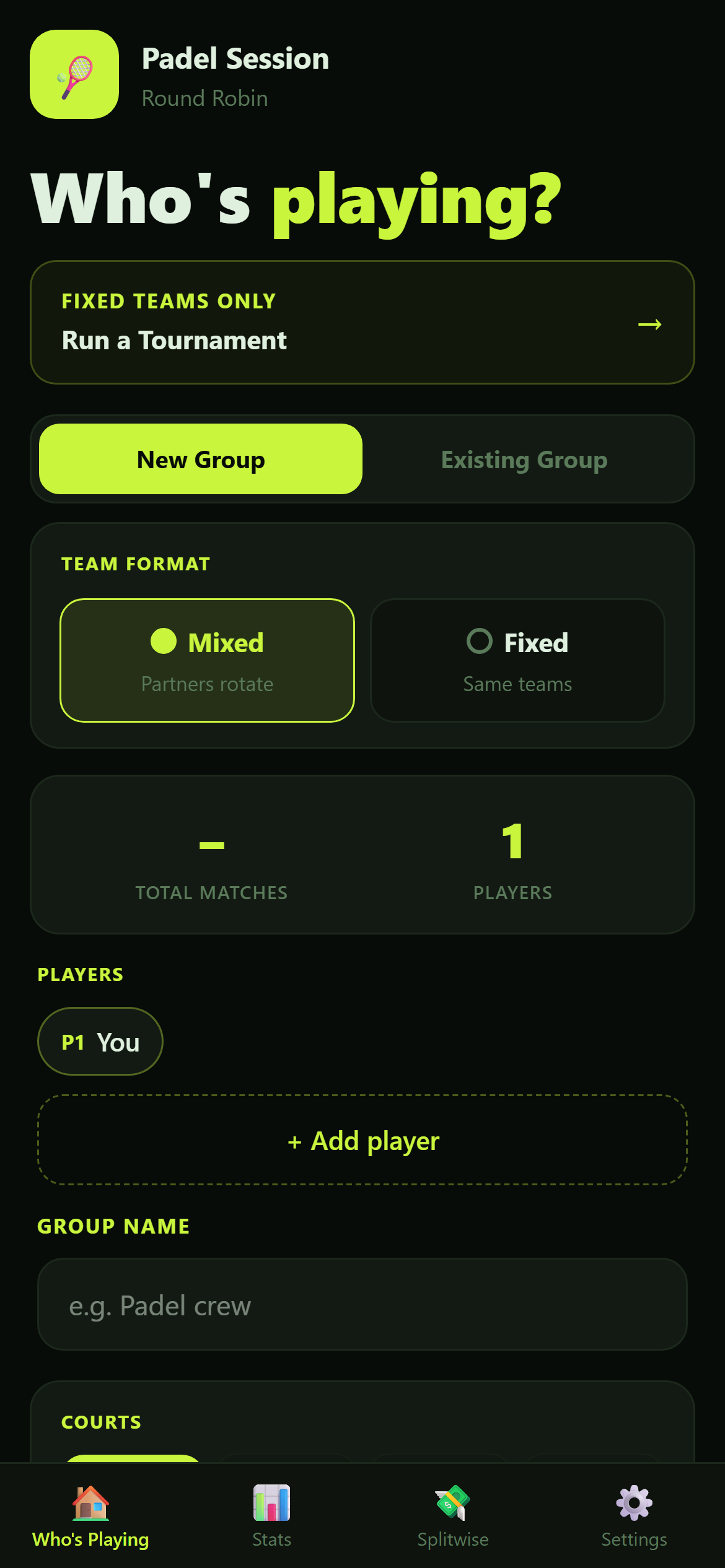 PlayTab Who's Playing screen with lime-green TEAM FORMAT, TOTAL MATCHES, and PLAYERS section labels