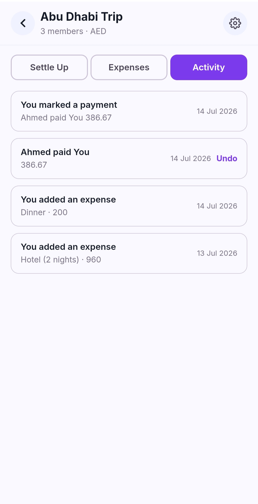 MyFinCup Split activity log showing a marked payment with an Undo option next to it