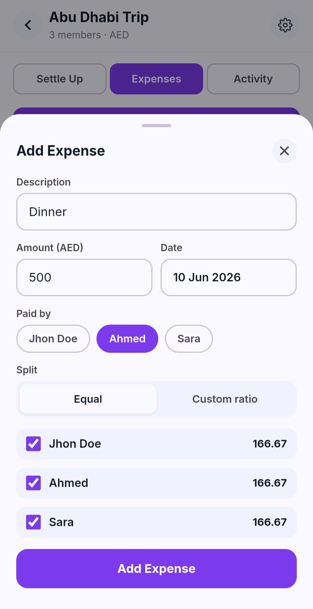 MyFinCup Add Expense sheet showing Equal vs Custom ratio split options and a per-person breakdown
