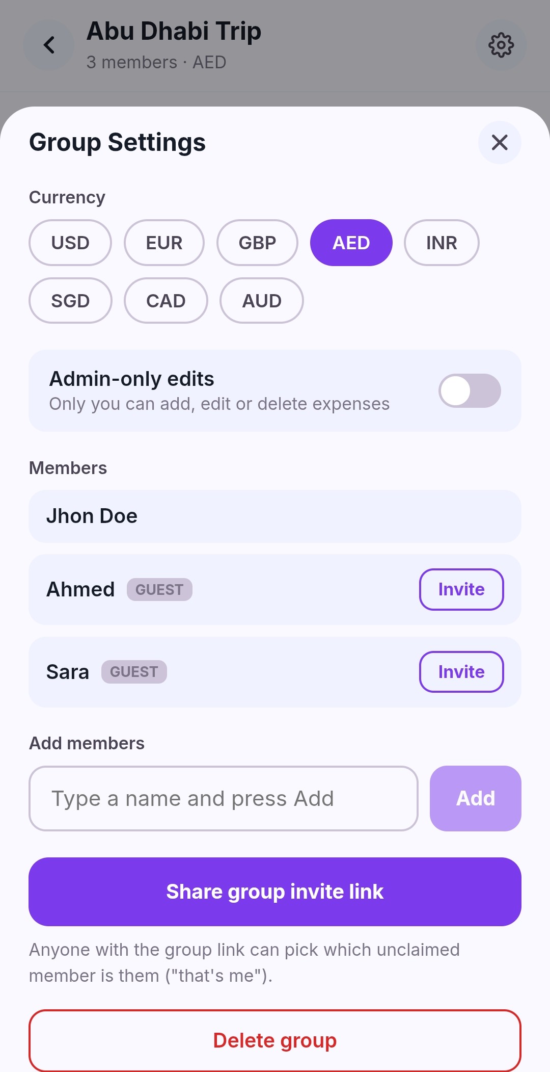 MyFinCup Split group settings sheet showing admin-only edits toggle, guest members Ahmed and Sara, and the invite/share options