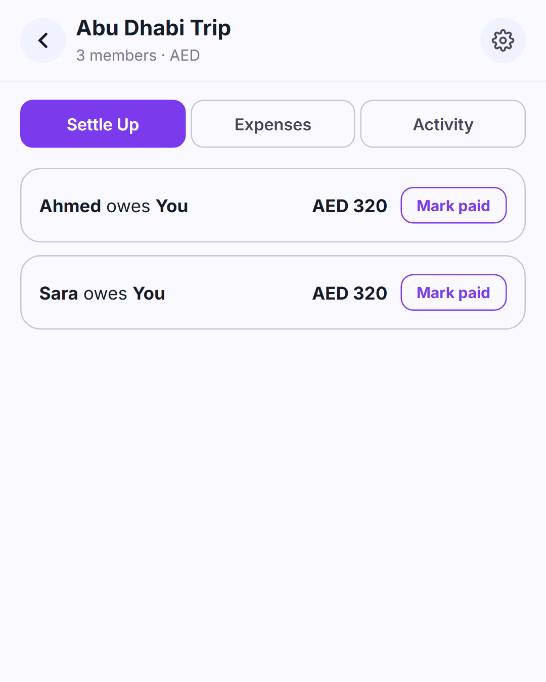 MyFinCup Split tab showing a settle-up screen with two people each owing their share of a group expense