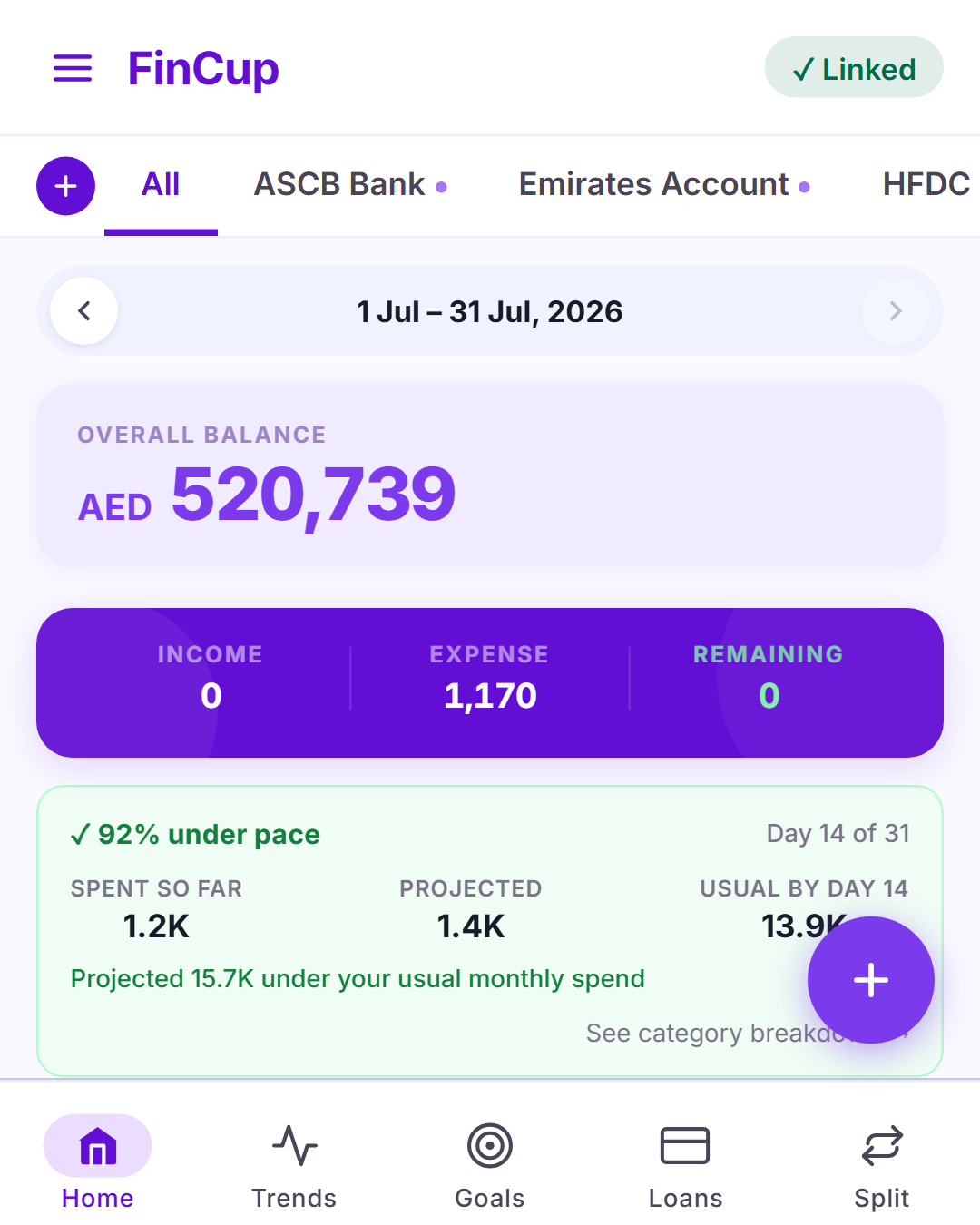 MyFinCup dashboard account tabs with a small purple dot marking an account that belongs to a linked partner