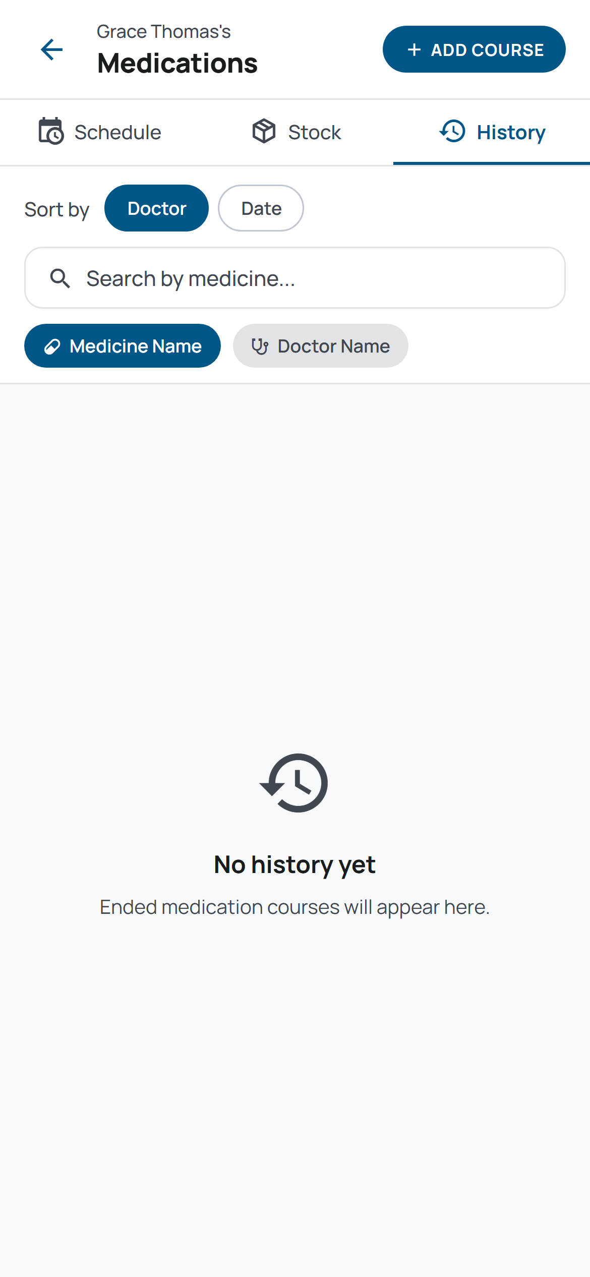 MedSync medication history tab showing a past course with a compliance percentage