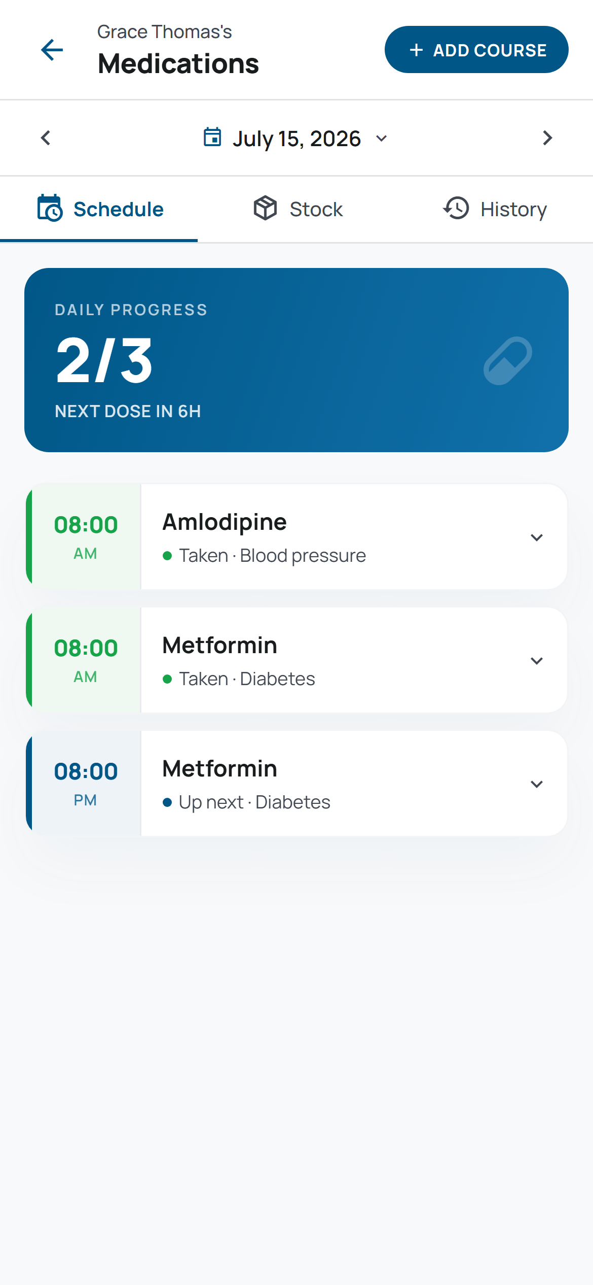 MedSync medication screen showing a Schedule/Stock/History tab bar with an underlined active tab, matching the same pattern used across the app