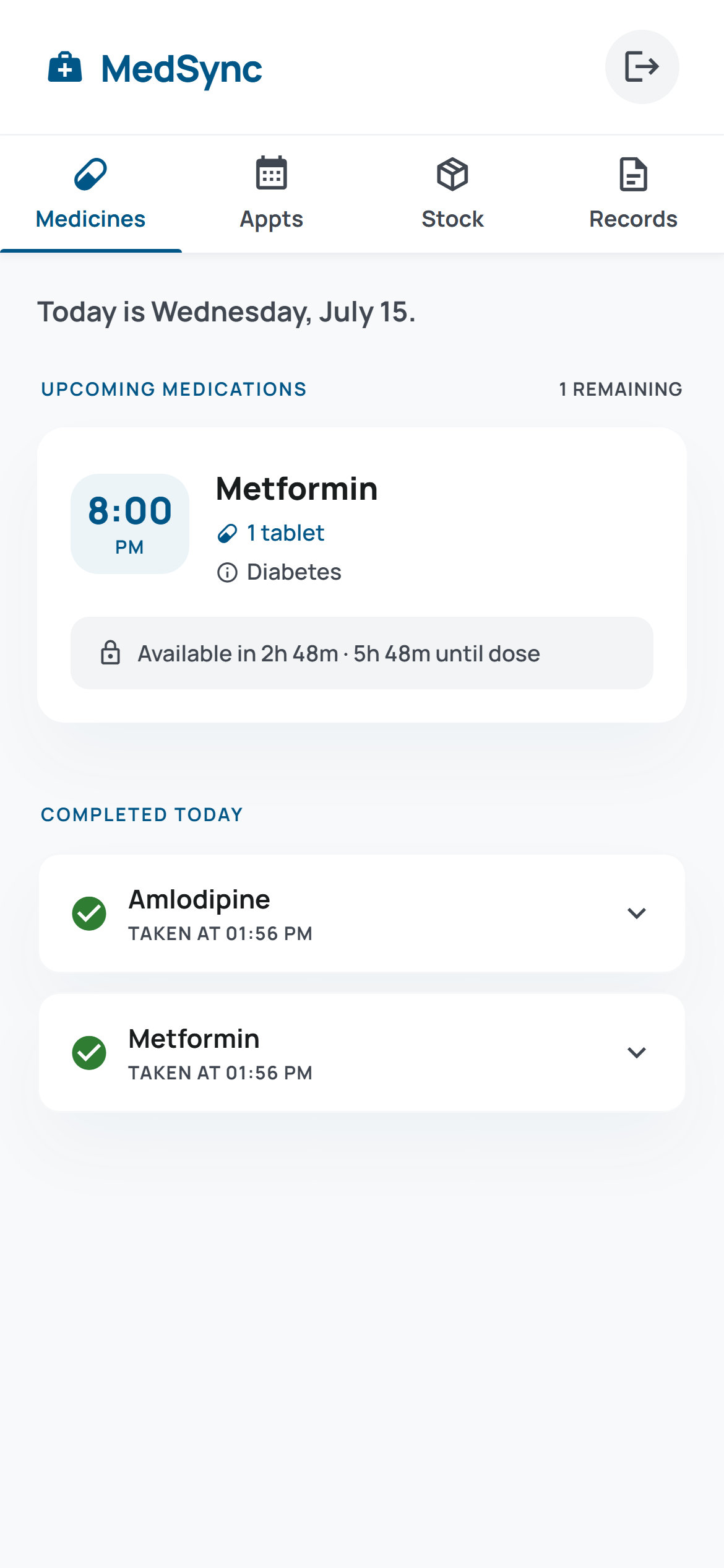 MedSync patient dashboard showing an upcoming dose locked behind a countdown, available only within 3 hours of the scheduled time