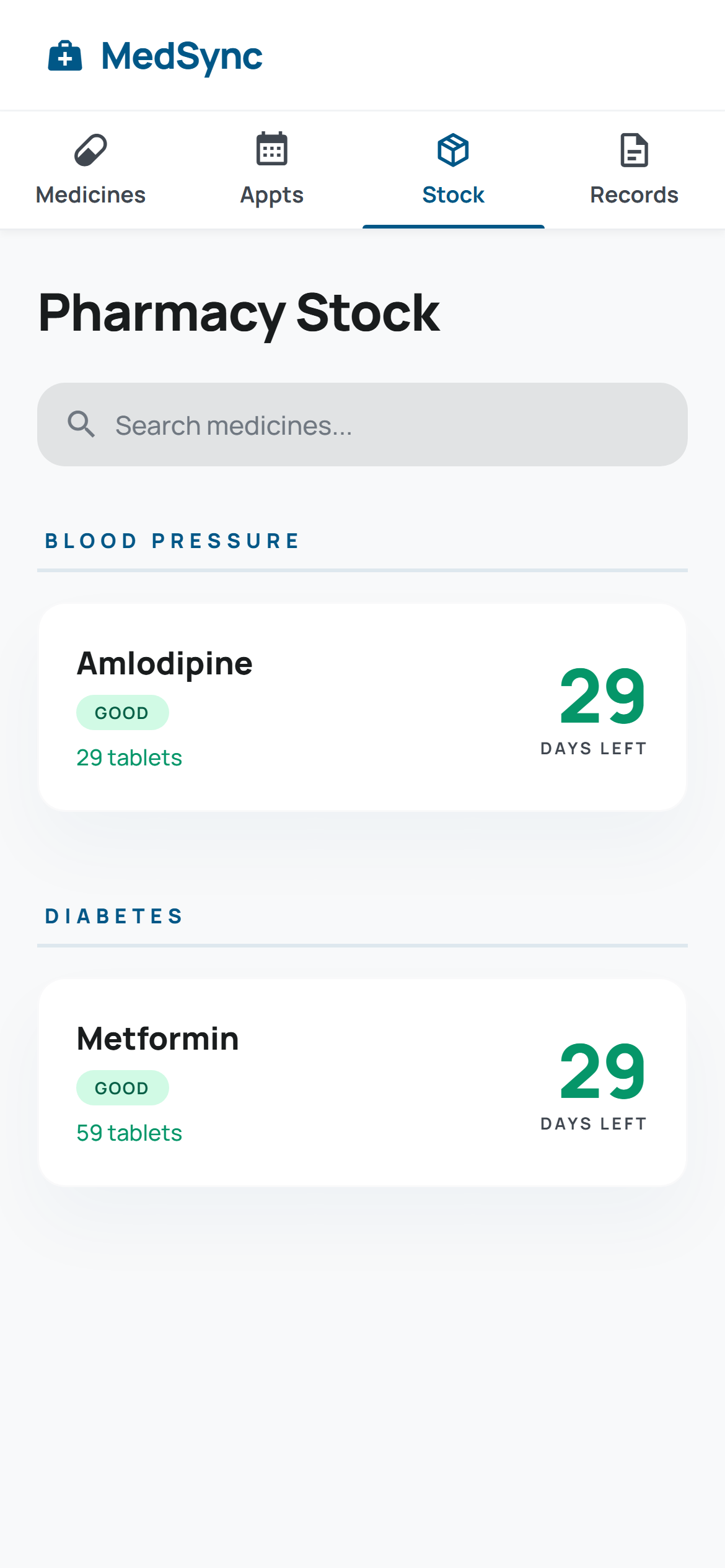 MedSync patient stock screen showing the identical Amlodipine entry: 29 tablets, Good status, 29 days remaining