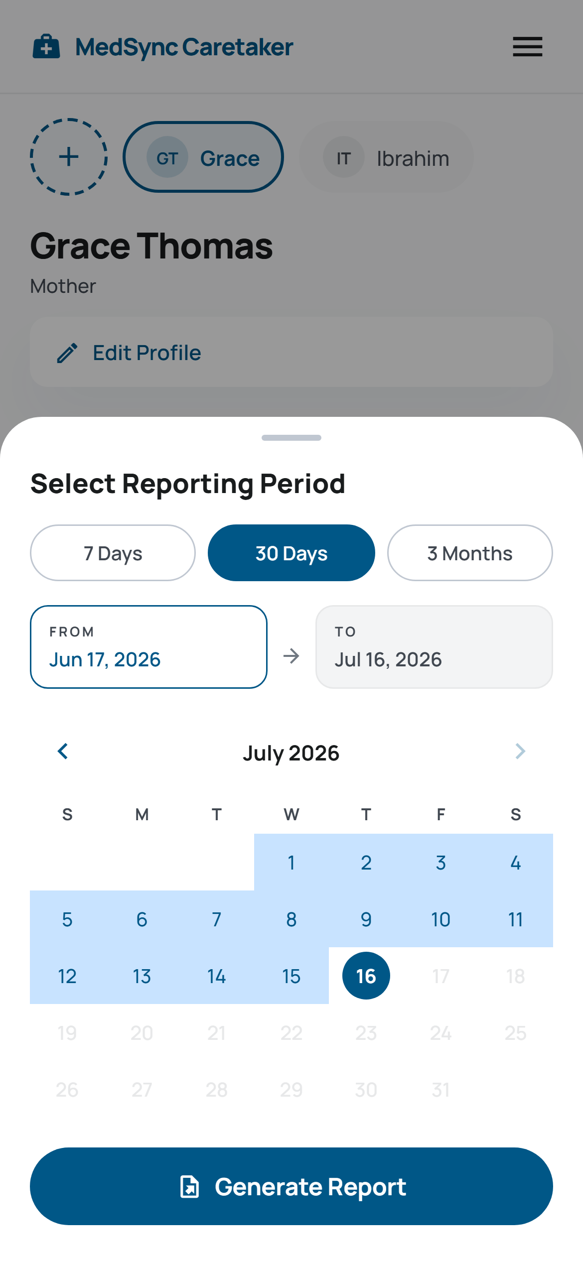 MedSync compliance report date-range picker with 7 day, 30 day, and 3 month presets and a calendar view