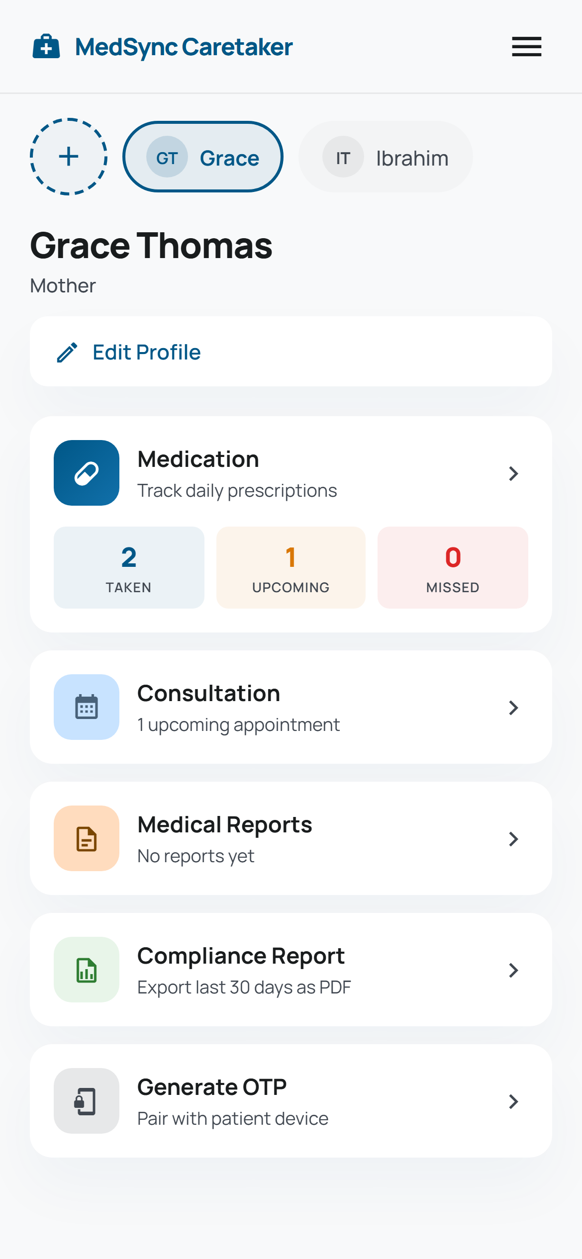MedSync caretaker dashboard with two patient profiles, Grace and Ibrahim, in the top carousel
