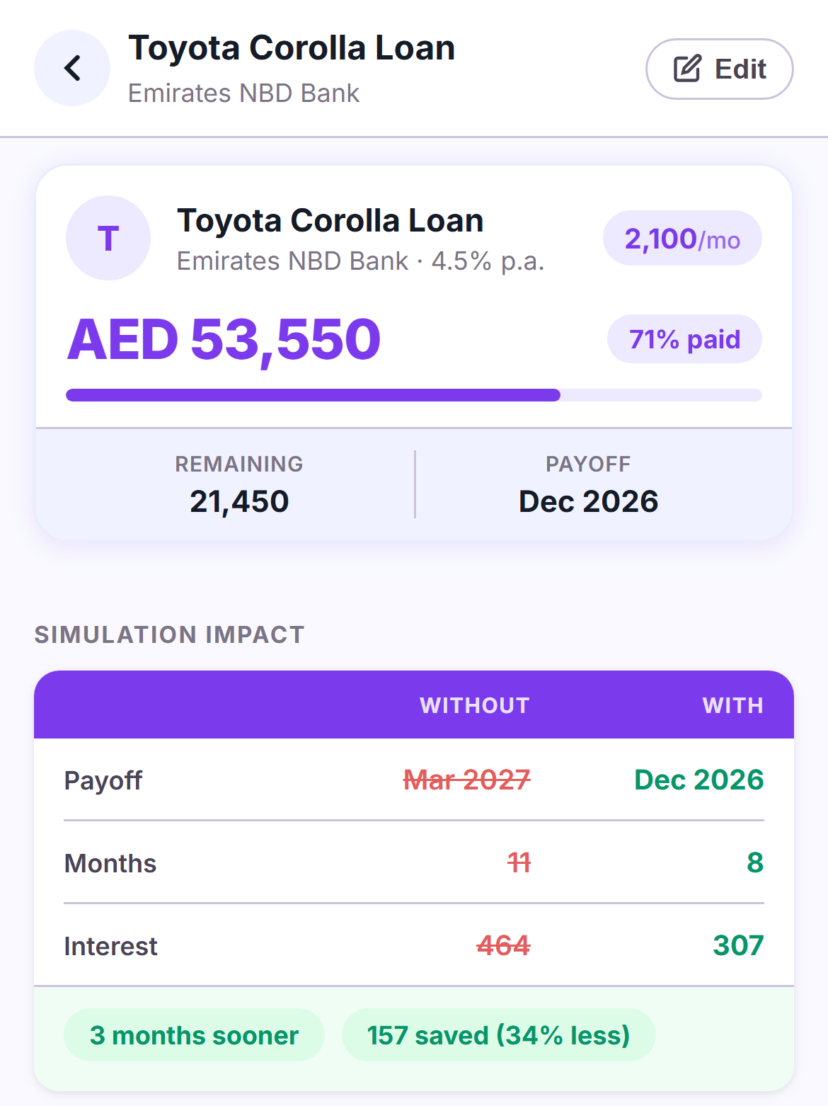 Loan detail screen showing a lump sum and EMI increase simulation, 3 months sooner and 34% less interest